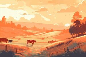 vaches pâturage sur une ferme avec lumière du soleil, ferme paysage illustration avec génératif ai photo