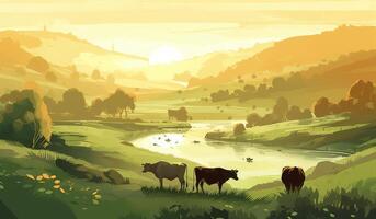 vaches pâturage sur une ferme avec lumière du soleil, ferme paysage illustration avec génératif ai photo