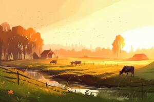 vaches pâturage sur une ferme avec lumière du soleil, ferme paysage illustration avec génératif ai photo