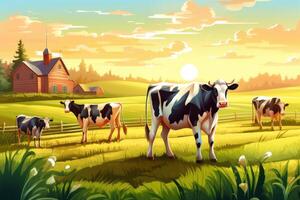 vaches pâturage sur une ferme avec lumière du soleil, ferme paysage illustration avec génératif ai photo