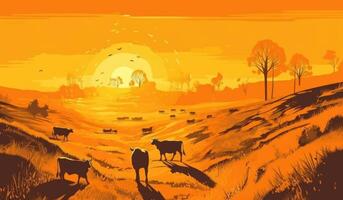 vaches pâturage sur une ferme avec lumière du soleil, ferme paysage illustration avec génératif ai photo