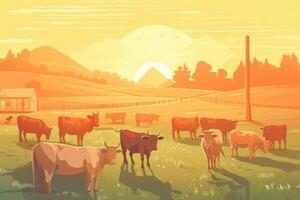 vaches pâturage sur une ferme avec lumière du soleil, ferme paysage illustration avec génératif ai photo