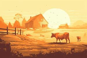 vaches pâturage sur une ferme avec lumière du soleil, ferme paysage illustration avec génératif ai photo