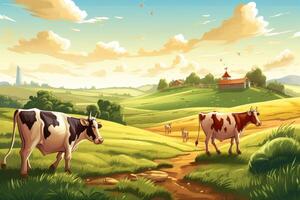 vaches pâturage sur une ferme avec lumière du soleil, ferme paysage illustration avec génératif ai photo