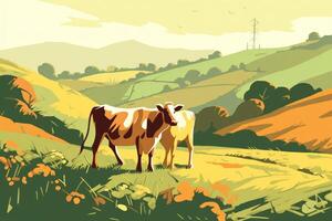 vaches pâturage sur une ferme avec lumière du soleil, ferme paysage illustration avec génératif ai photo