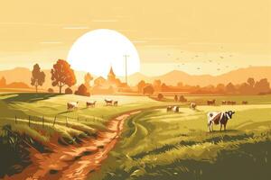 vaches pâturage sur une ferme avec lumière du soleil, ferme paysage illustration avec génératif ai photo