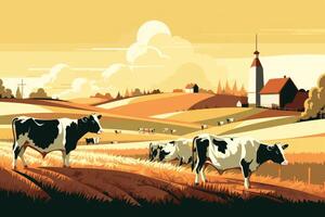 vaches pâturage sur une ferme avec lumière du soleil, ferme paysage illustration avec génératif ai photo