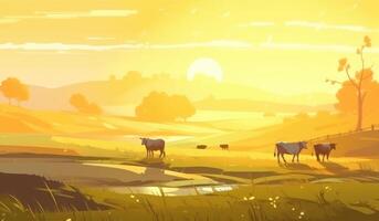 vaches pâturage sur une ferme avec lumière du soleil, ferme paysage illustration avec génératif ai photo