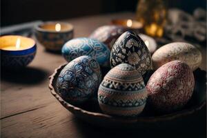 décoratif coloré Pâques des œufs ai génératif images pour Pâques journée bouquet de coloré des œufs sur une vert Pâques Contexte 3d le rendu. pile de brillant et coloré Pâques des œufs - 3d rendre. Pâques photo