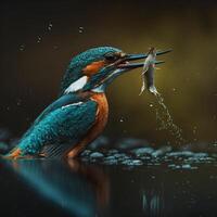 commun européen martin-pêcheur rivière martin-pêcheur en volant après émergente de l'eau avec pris poisson proie dans le bec ai génératif photo