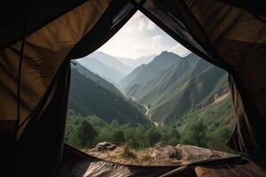 vue de à l'intérieur tente à Montagne paysage. génératif ai photo