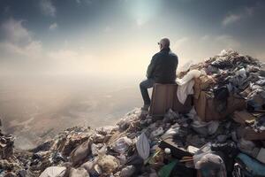 homme séance sur Haut de énorme déverser avec une lot de Plastique déchets. environnement pollution. génératif ai photo