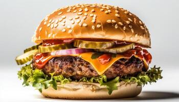 américain fromage un barbecue du boeuf avec tomate salade juteux du boeuf Burger vite nourriture présentation studio produit isolé sur blanc Contexte. photo