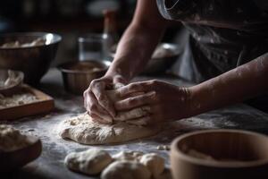 femme mains pétrissage pâte, fabrication générateur de pain ai photo