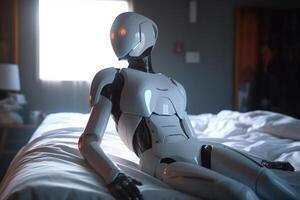 femelle robot cyborg sur le amour de lit relation, génératif ai photo