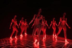 rouge néon hologramme femelle équipe Danse génératif ai photo