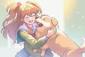 génératif ai illustration de un anime fille et sa chien photo