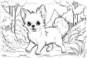 coloration page contour de dessin animé mignonne peu chiot chien. illustration coloration livre pour enfants. génératif ai photo