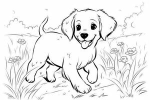 coloration page contour de dessin animé mignonne peu chiot chien. illustration coloration livre pour enfants. génératif ai photo