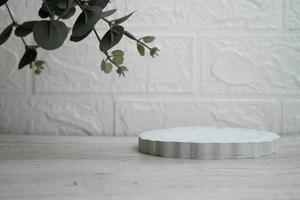 abstrait vide blanc podium avec eucalyptus feuilles sur blanc Contexte photo