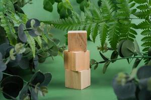 en bois blocs avec eucalyptus branches sur vert Contexte photo