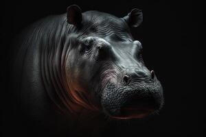 une spectaculaire et détaillé portrait de une majestueux hippopotame sur une noir Contexte. génératif ai. photo