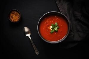 une Haut vue sur une délicieux tomate soupe avec une cuillère et certains fouet avec copie espace établi avec génératif ai technologie. photo