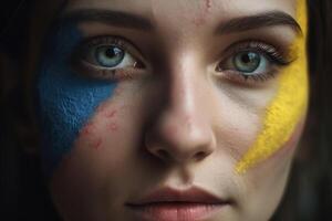 proche en haut de une femelle visage avec ukrainien couleurs établi avec génératif ai technologie. photo