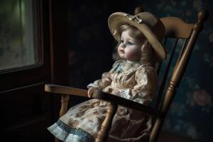 une magnifique ancien porcelaine poupée séance sur une balancement chaise établi avec génératif ai technologie. photo