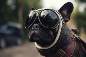 une chien équitation une moto établi avec génératif ai technologie. photo