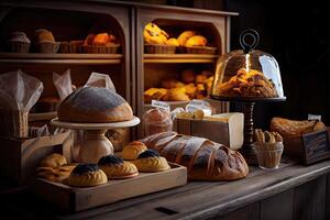 boulangerie intérieur avec afficher compteurs plein de délicieux pain et des pâtisseries. magasin une pâtisserie ou boulangerie avec des croissants, Pomme tartes, gaufres, et Churros. fraîchement cuit des pâtisseries. génératif ai photo