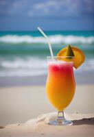 des cocktails sur une luxe tropical vacances. tropical des fruits avec Frais jus des cocktails dans le maçon pots sur une en bois table sur une le sable plage et mer Contexte. génératif ai photo