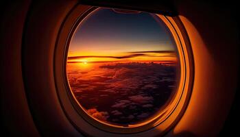 magnifique ciel vue de une fenêtre avion sur une vol à Voyage avec marine bleu ciel et des nuages Contexte. génératif ai photo