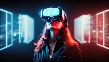 femme portant virtuel réalité des lunettes de protection permanent dans virtuel monde Contexte. concept de virtuel réalité technologie. inexistant personne. génératif ai photo