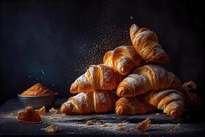 savoureux des croissants sur noir Contexte. délicieux petit déjeuner avec Frais des croissants. ensemble de fraîchement cuit des croissants sur une en bois tableau. fait maison des croissants. génératif ai photo