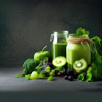 verre pot des tasses avec vert santé smoothie. copie espace en bonne santé vert smoothie dans le maçon pot et ingrédients. superaliments, détox, régime, en bonne santé aliments. chaux, pomme, épinard, Avocat et chaux. génératif ai photo