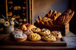 boulangerie intérieur avec afficher compteurs plein de délicieux pain et des pâtisseries. magasin une pâtisserie ou boulangerie avec des croissants, Pomme tartes, gaufres, et Churros. fraîchement cuit des pâtisseries. génératif ai photo