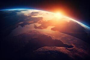 magnifique planète Terre vu de espace, aérien vue de lever du soleil et le coucher du soleil aérien voir. génératif ai photo