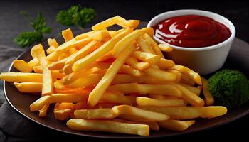 français frites ou Patate frites avec acide crème et ketchup. savoureux français frites sur Coupe conseil, sur en bois table Contexte. génératif ai photo