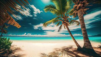 magnifique tropical plage avec blanc sable, paume des arbres, turquoise océan contre bleu ciel avec des nuages sur ensoleillé été journée. parfait paysage Contexte pour relaxant vacances. génératif ai photo