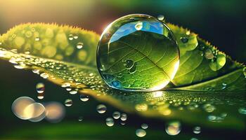 grand magnifique gouttes de transparent pluie l'eau sur une vert feuille macro. gouttes de rosée dans le Matin lueur dans le Soleil. magnifique feuille texture dans la nature. Naturel Contexte. génératif ai photo