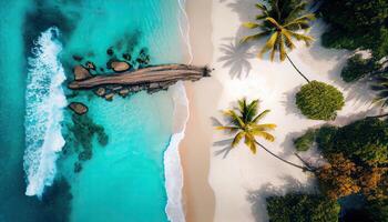 aérien drone photo de vagues s'écraser sur le plage. Haut vue aérien drone coup de magnifique blanc le sable plage avec vert noix de coco des arbres et cristal clair mer l'eau dans été. génératif ai