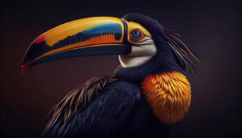 proche en haut sur un Orange et Jaune facture toucan oiseau, perché sur une tropique arbre branche. génératif ai photo