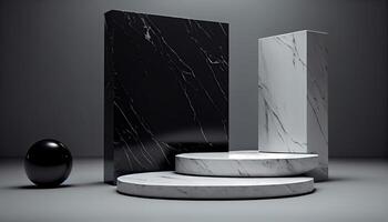 marbre produit afficher sur noir Contexte avec moderne décors studio. vide piédestal ou podium plateforme. génératif ai photo