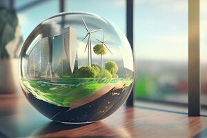 Terre cristal verre globe Balle et croissance arbre pose sur le tableau. économie environnement, enregistrer nettoyer planète, écologie concept. carte pour monde Terre journée. génératif ai. photo