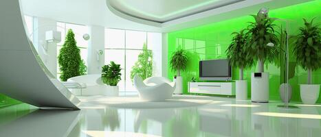 génératif ai illustration de une vert blanc futuriste vivant pièce photo
