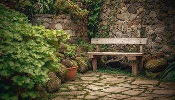 arrière-cour jardin en bois banc une endroit à asseoir et se détendre avec la nature et plante entourer. Contexte et toile de fond. photo