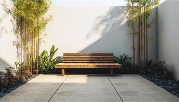 Naturel minimaliste arrière-cour Accueil avec certains jardin et en bois banc une endroit à se détendre et s'asseoir. comme Contexte et toile de fond. photo