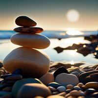 pyramide de mer galets sur une ensoleillé le sable plage. la vie équilibre et harmonie concept. calcul, osciller, équilibre. génératif ai. photo