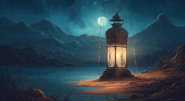 Ramadan islamique lanterne sur désert arrière-plan, dans le style de romantique éclairé par la lune paysages marins, bleu et ambre, mystérieux paysages de rêve, décoratif peintures, illustration génératif ai photo